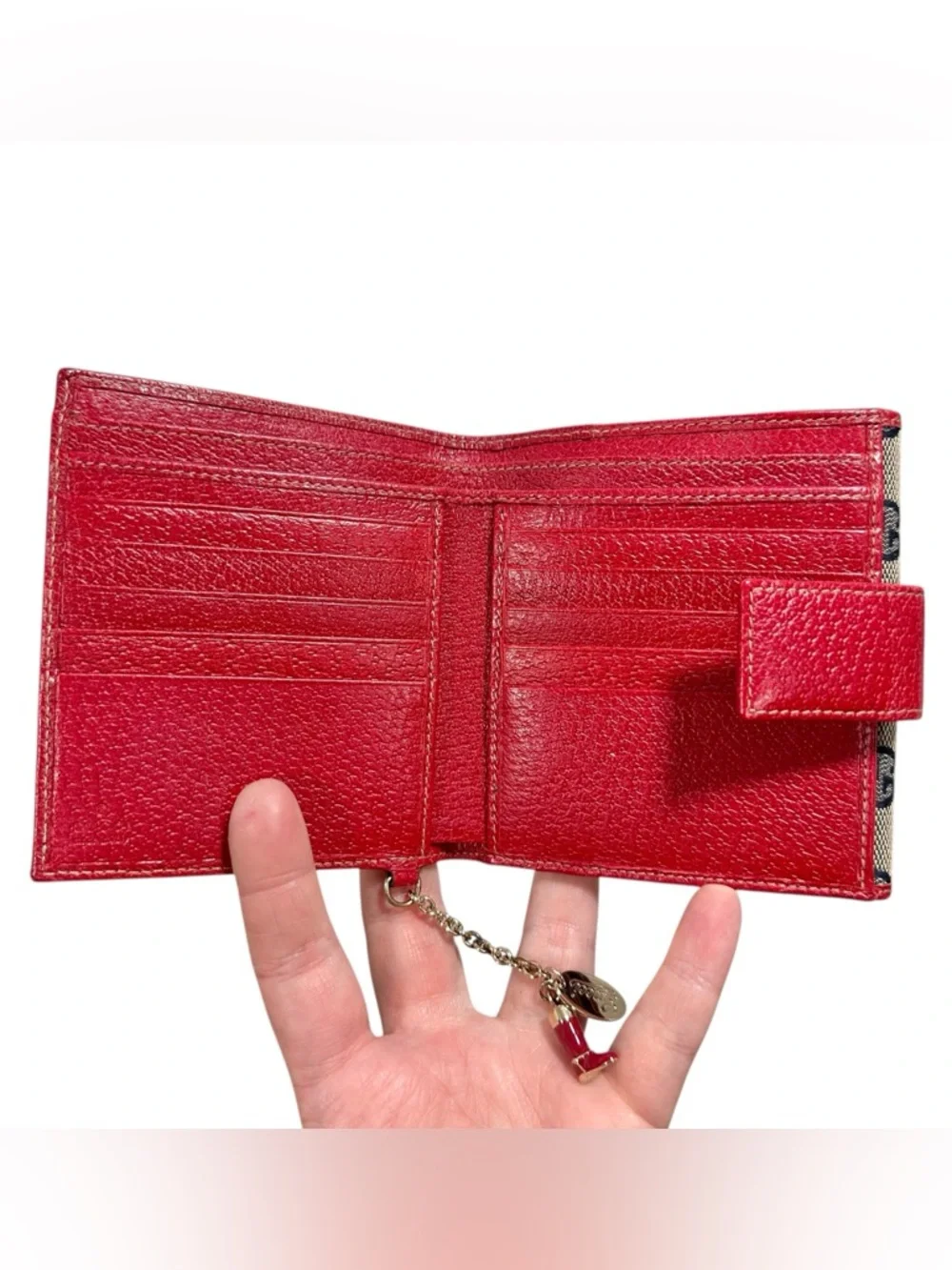 Gucci GG Monogram Navy Canvas & Red Leather Boot Charm Compact Bifold Wallet - Picture 6 of 16